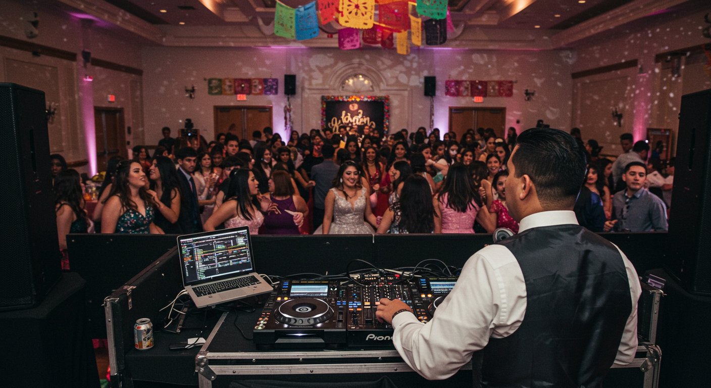 Latin wedding DJ in Indiana mixing music at a lively quinceañera celebration.