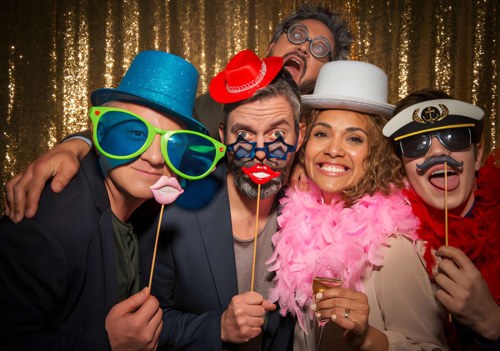 Group of adults having fun with colorful props in a photo booth with a gold sequin backdrop at an event in Indianapolis.